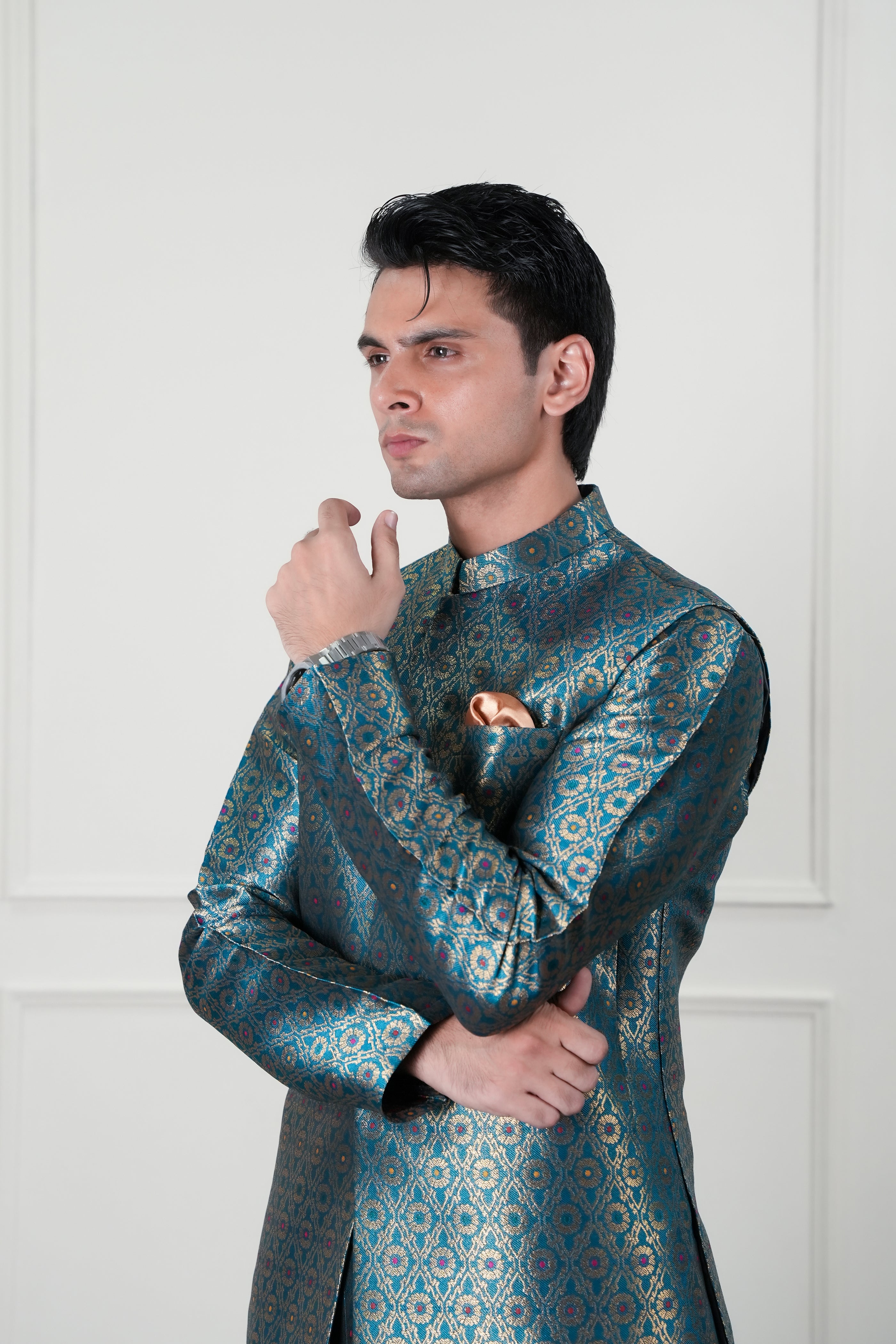 Teal Green Woven Jamawar Waistcoat Kurta (2-Piece) - Image 7