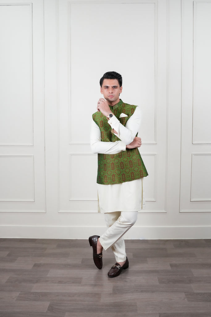 Olive Green Self Jamawar Waistcoat Kurta Set (3-Piece) - Image 1