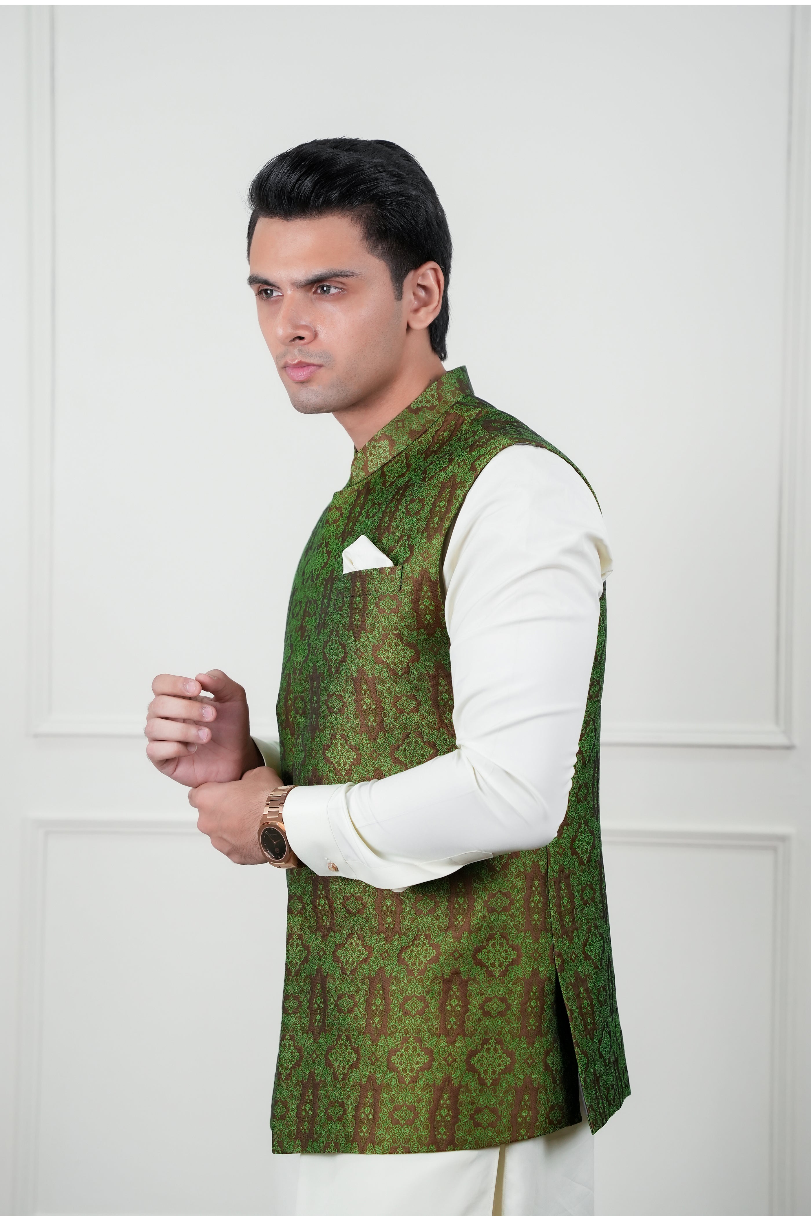 Olive Green Self Jamawar Waistcoat Kurta Set (3-Piece) - Image 3