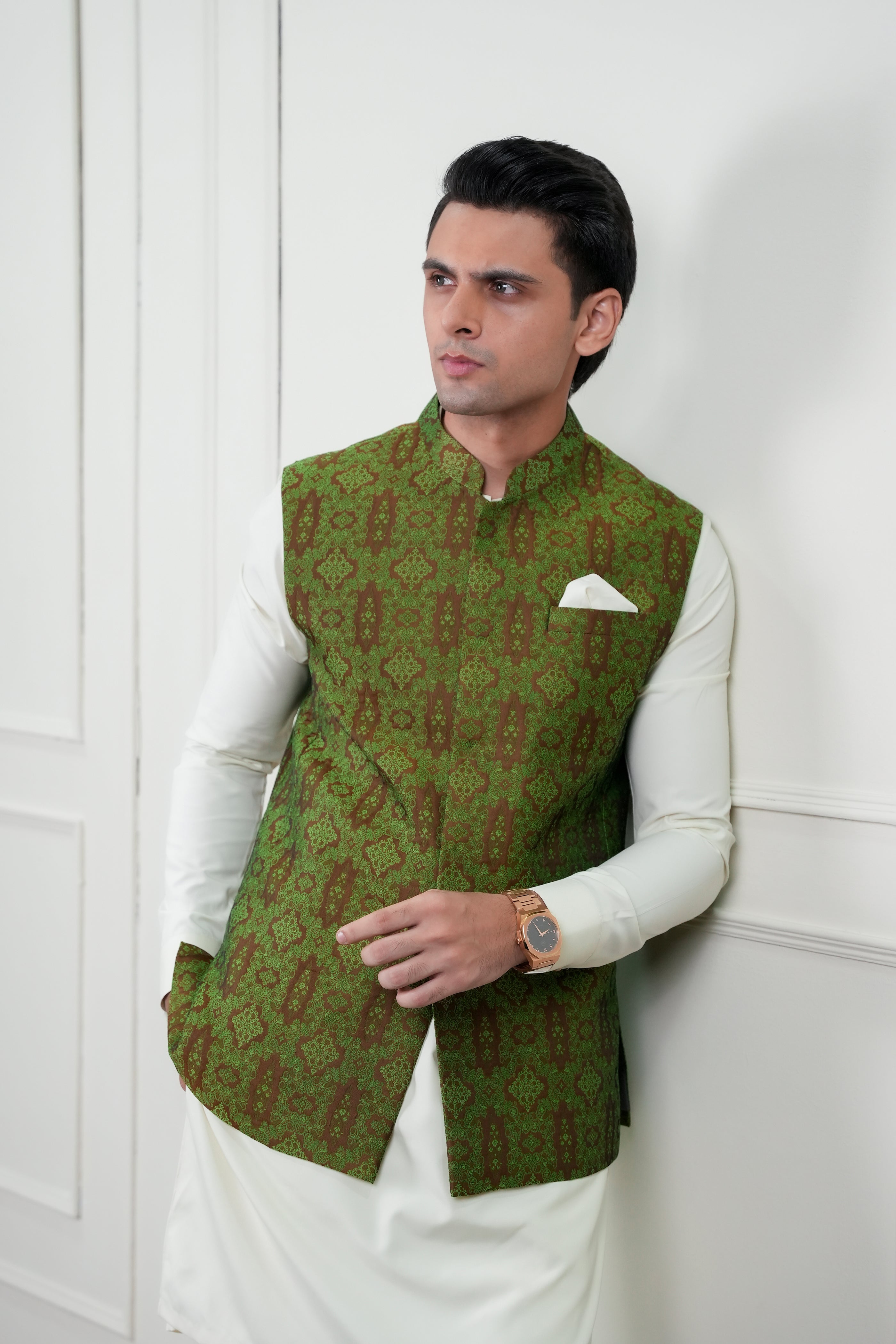 Olive Green Self Jamawar Waistcoat Kurta Set (3-Piece) - Image 5