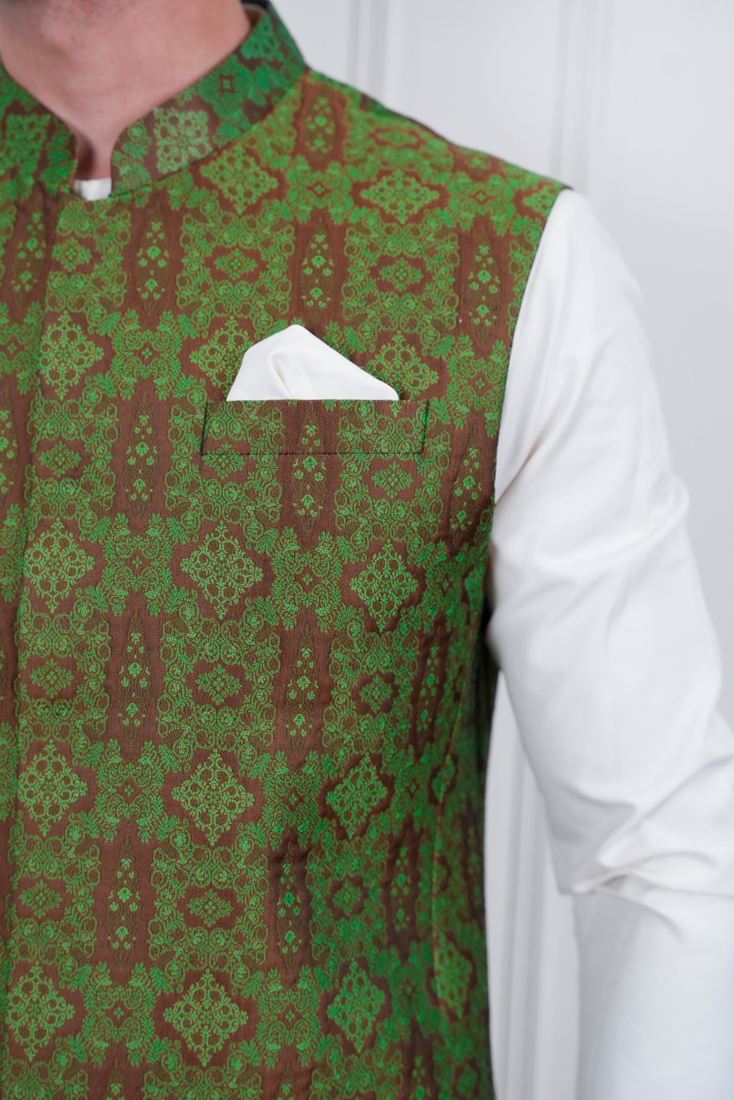 Olive Green Self Jamawar Waistcoat Kurta Set (3-Piece) - Image 6
