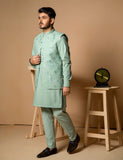 Light Green Embroidered Karandi Waistcoat Kurta Set (3-Piece) - Image 4