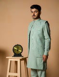 Light Green Embroidered Karandi Waistcoat Kurta Set (3-Piece) - Image 6