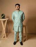 Light Green Embroidered Karandi Waistcoat Kurta Set (3-Piece) - Image 8