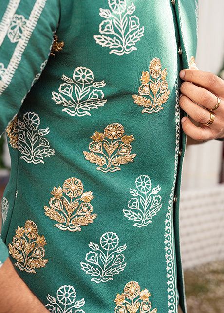Spanish Green Hand-Embellished Karandi Waistcoat Kurta (3-Piece) - Image 3