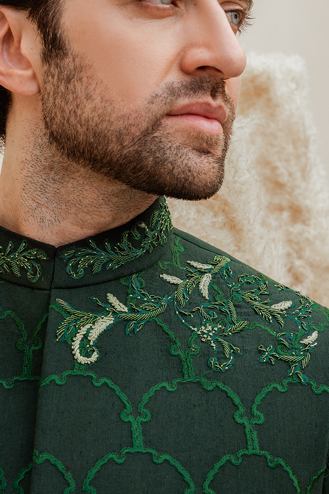 Emerald Green Embroidered Karandi Waistcoat Kurta (3-Piece) - Image 2