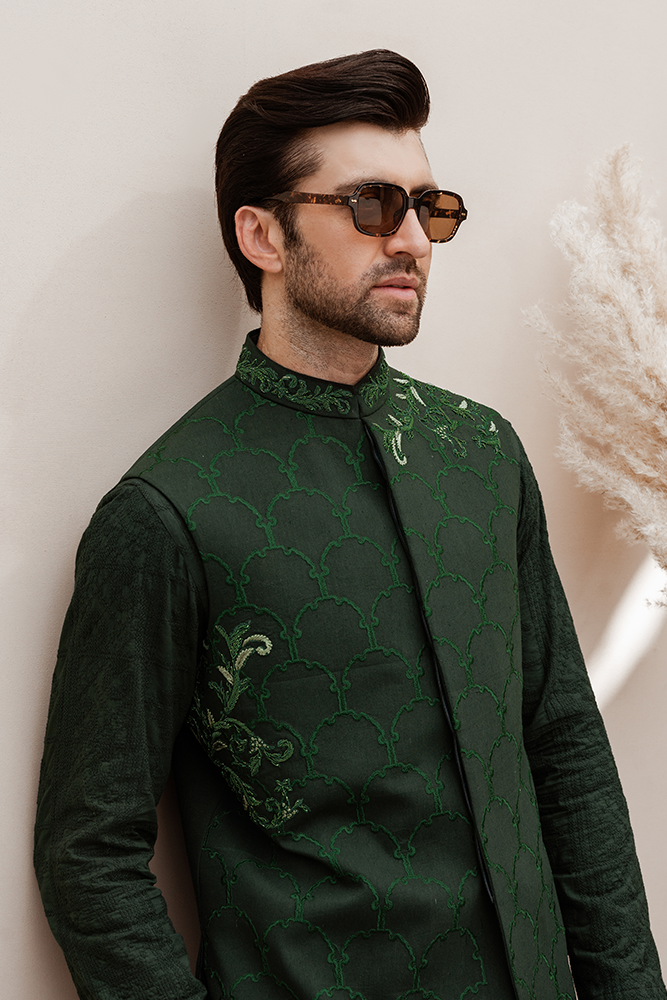 Emerald Green Embroidered Karandi Waistcoat Kurta (3-Piece) - Image 3