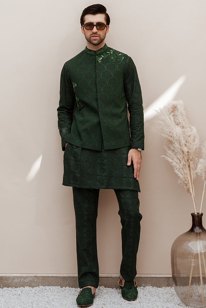 Emerald Green Embroidered Karandi Waistcoat Kurta (3-Piece) - Image 1