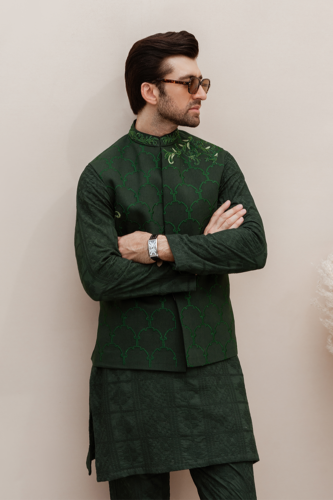 Emerald Green Embroidered Karandi Waistcoat Kurta (3-Piece) - Image 4