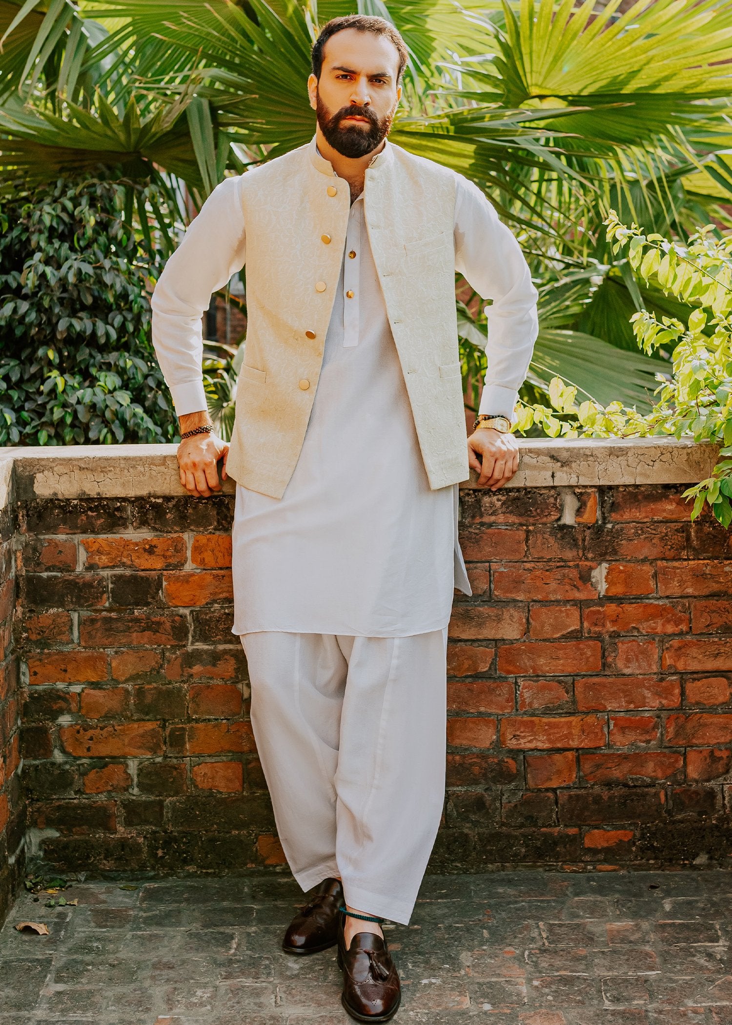 Pale Grape Green Jacquard Karandi Waistcoat Kurta (3-Piece) - Image 1