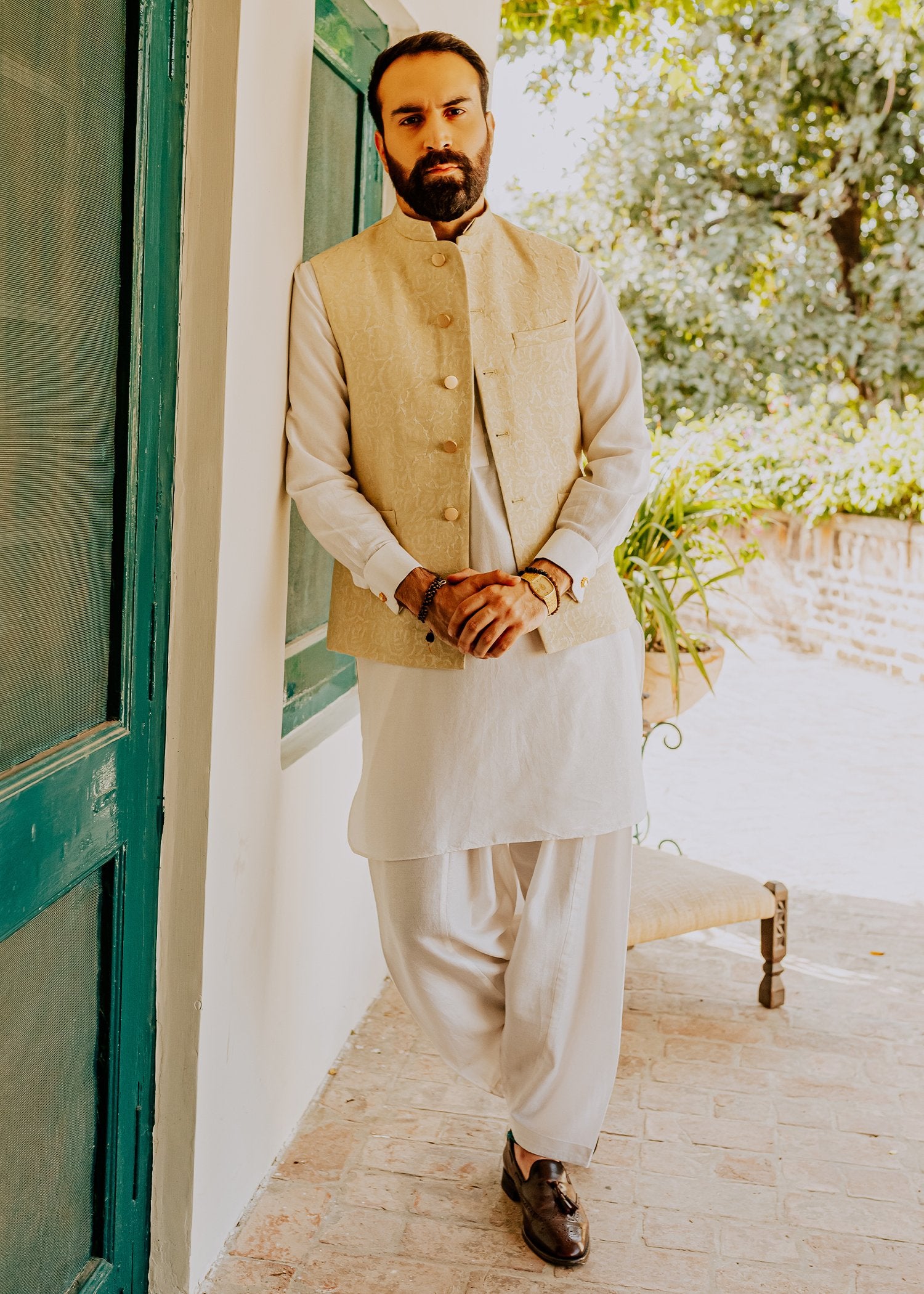 Pale Grape Green Jacquard Karandi Waistcoat Kurta (3-Piece) - Image 2