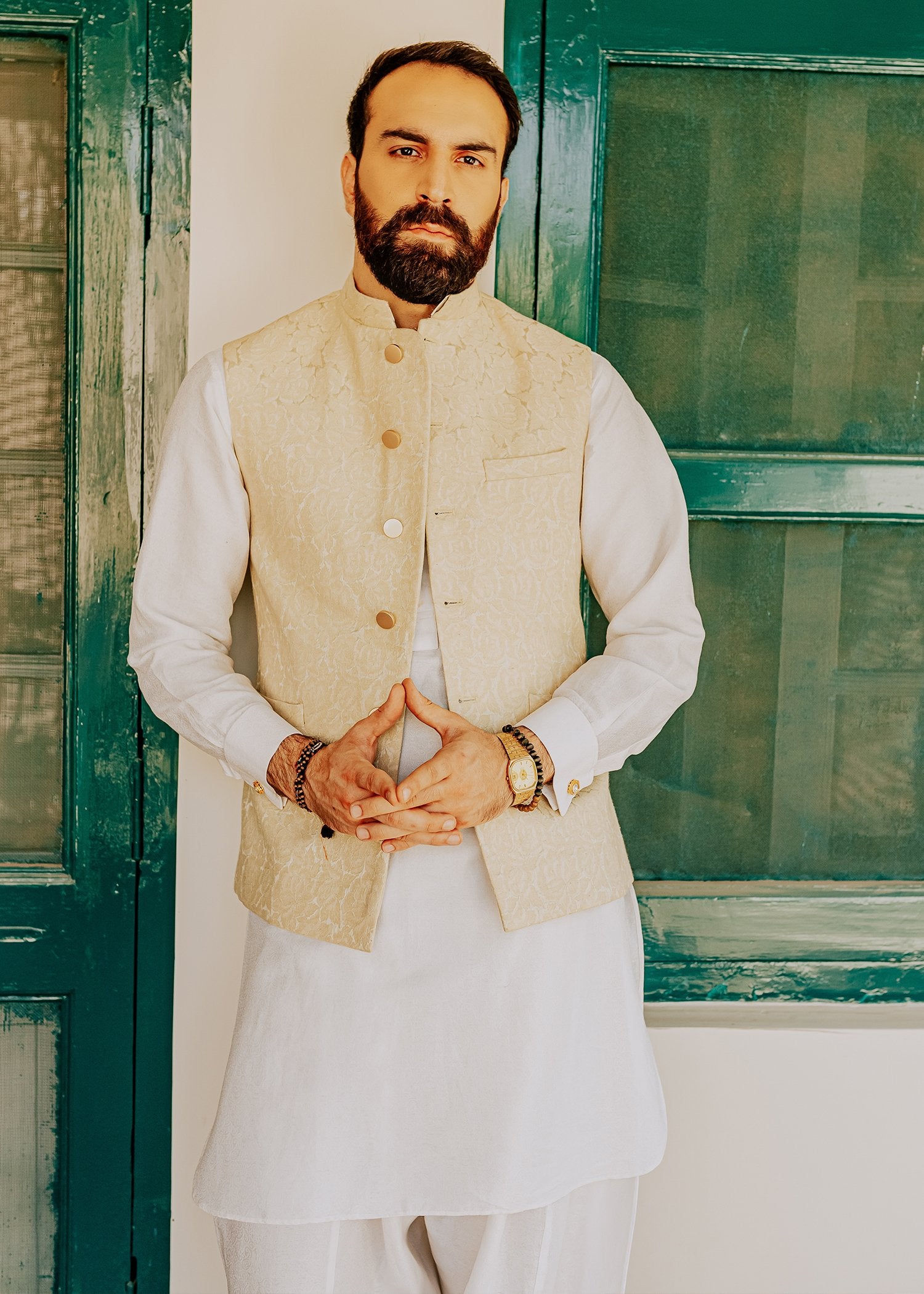 Pale Grape Green Jacquard Karandi Waistcoat Kurta (3-Piece) - Image 3