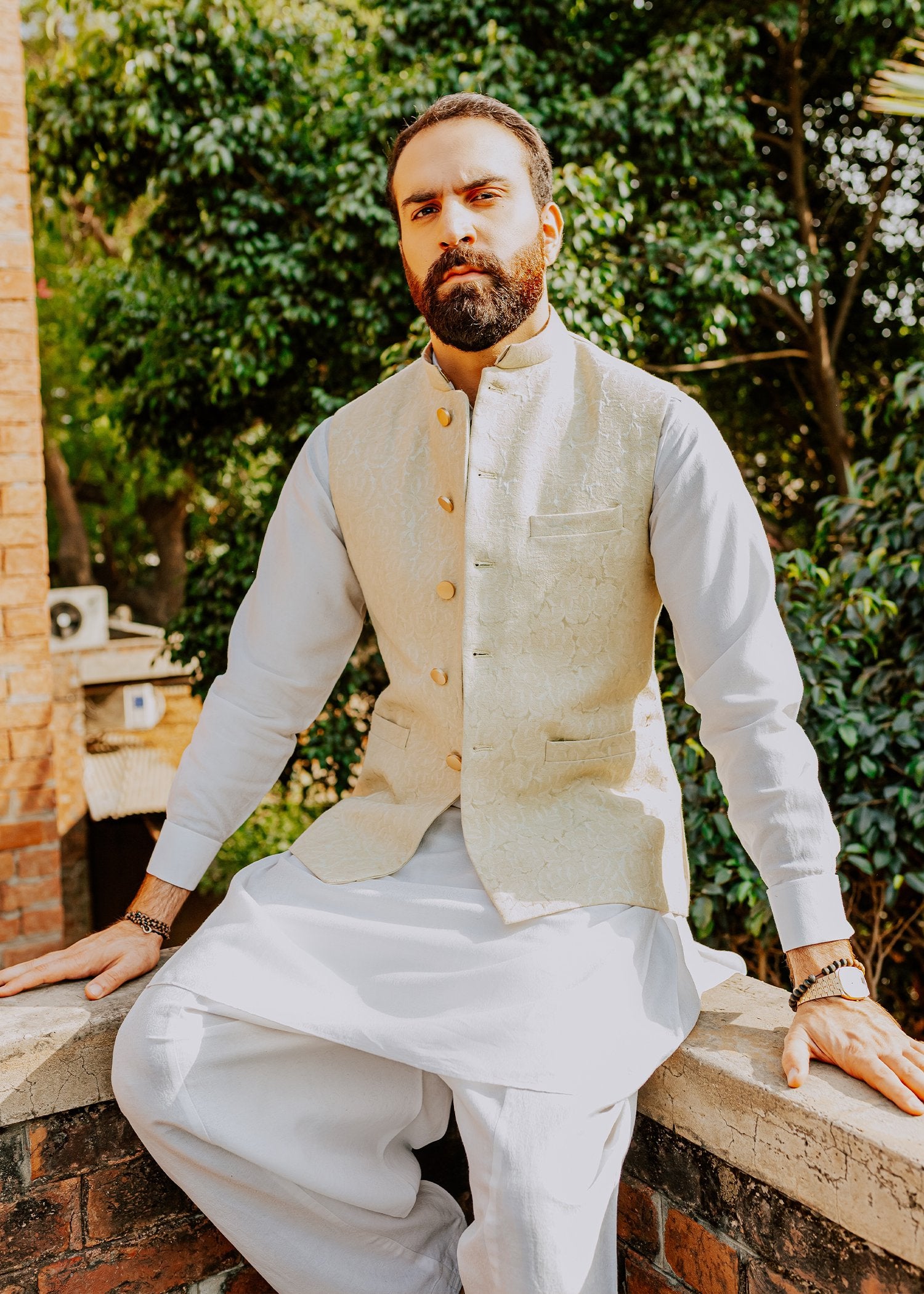 Pale Grape Green Jacquard Karandi Waistcoat Kurta (3-Piece) - Image 4