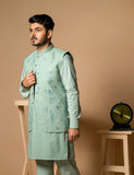 Light Green Embroidered Karandi Waistcoat Kurta (3-Piece) - Image 5