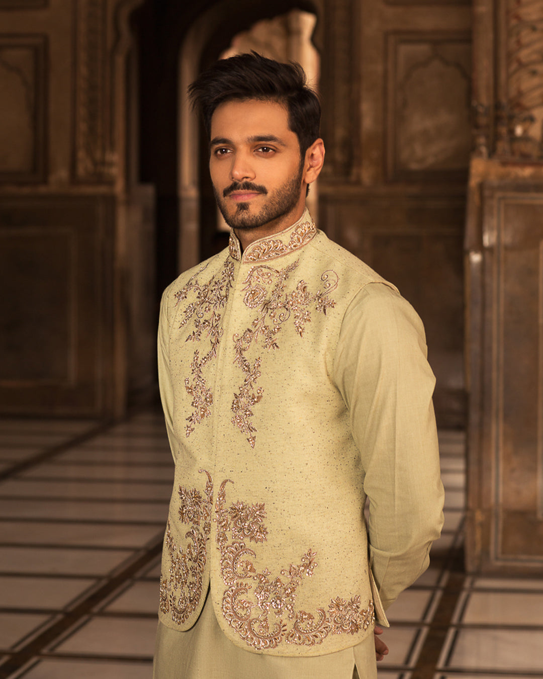 Light Sage Hand-Embellished Khaddar Waistcoat Kurta (3-Piece) - Image 3