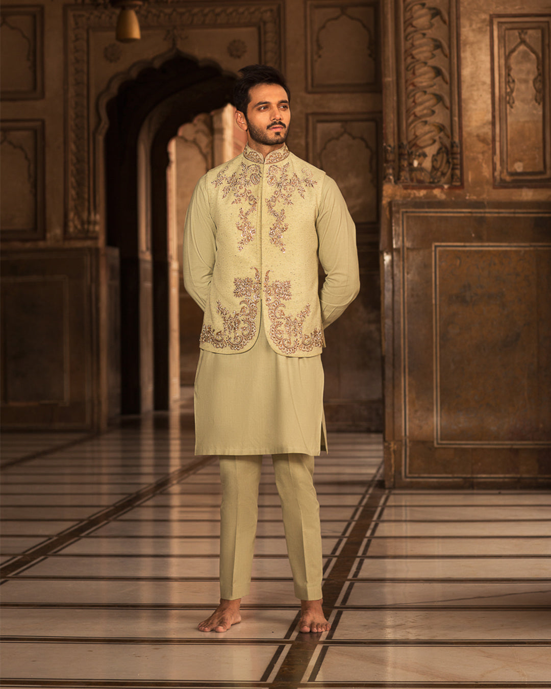 Light Sage Hand-Embellished Khaddar Waistcoat Kurta (3-Piece) - Image 4