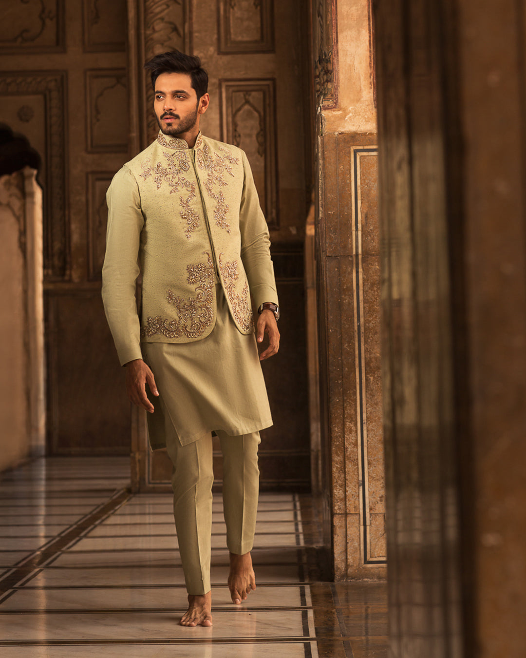 Pistachio Hand-Embellished Khaddar Waistcoat Kurta (3-Piece) - Image 1