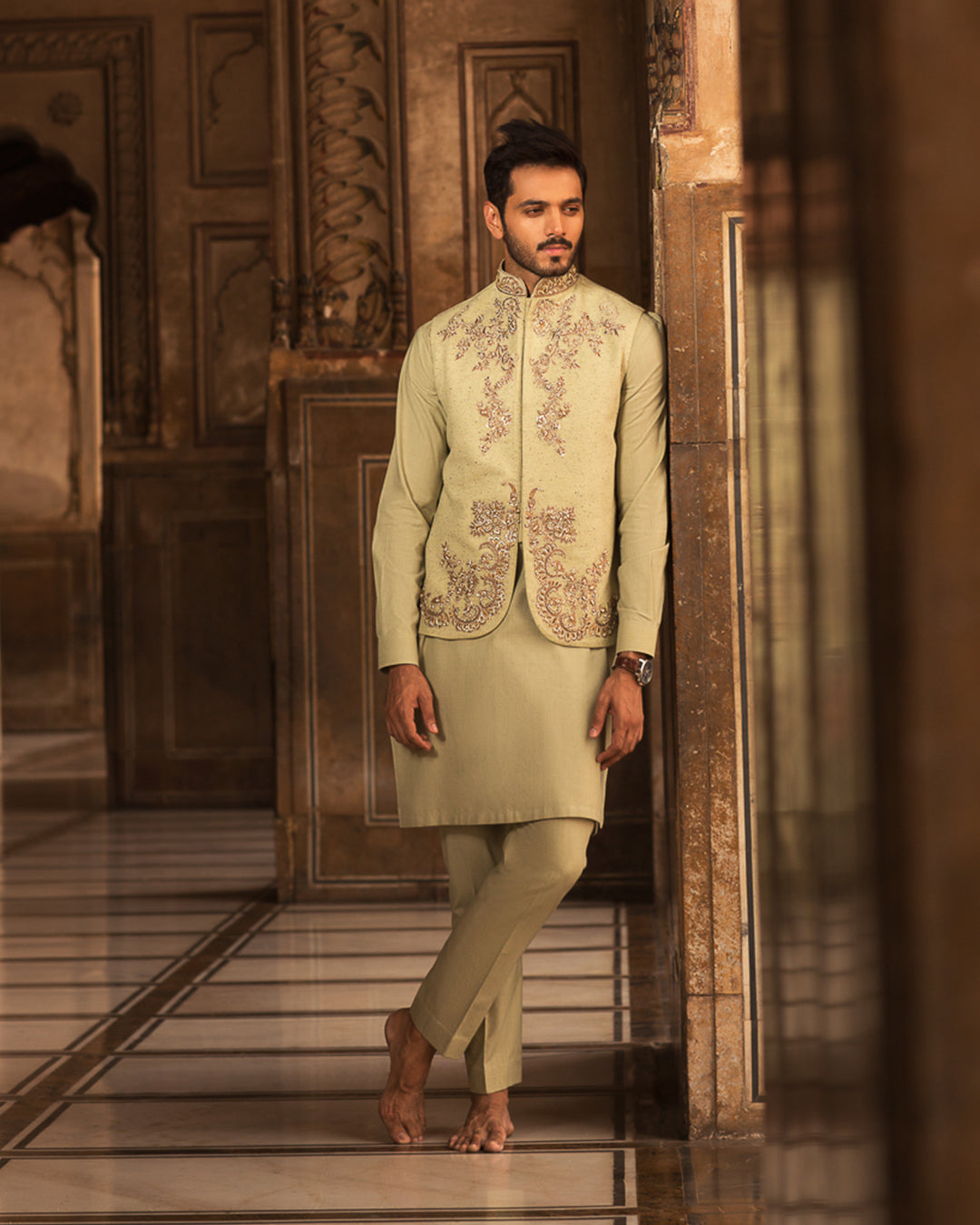 Pistachio Hand-Embellished Khaddar Waistcoat Kurta (3-Piece) - Image 2