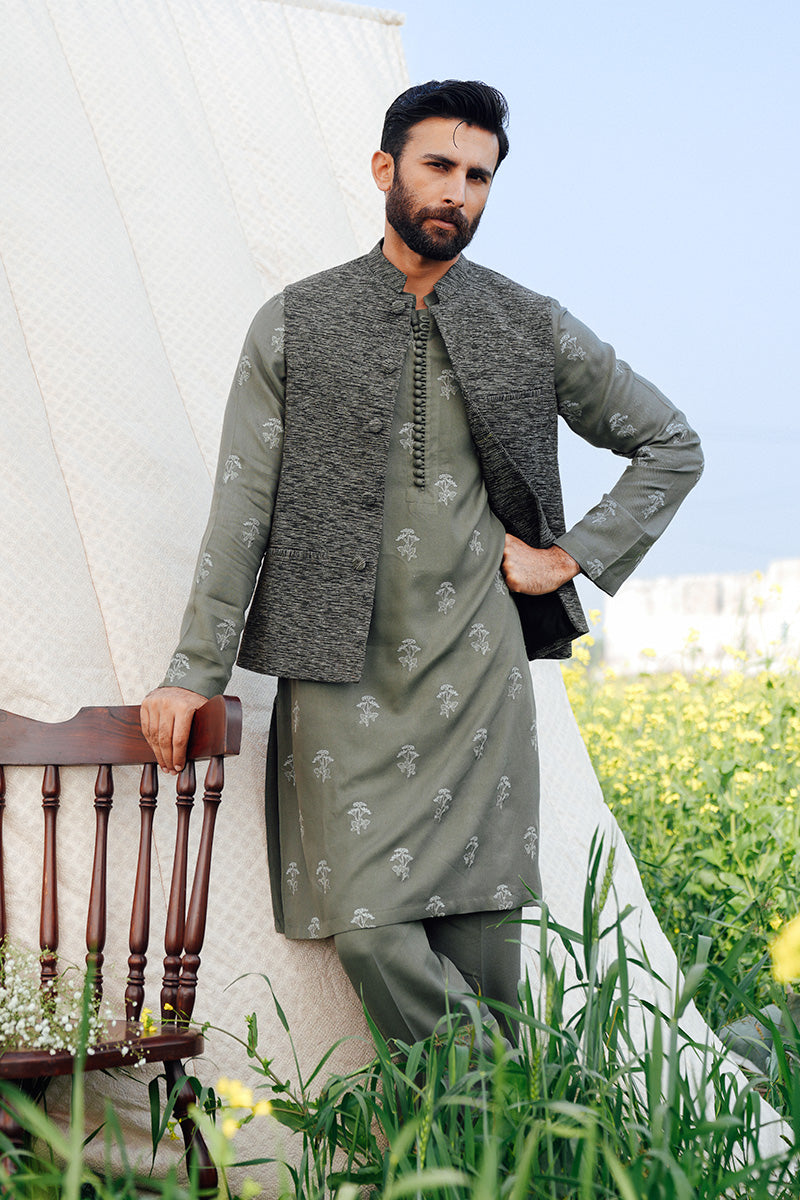 Sage Green Threadwork Pure Khaddar Waistcoat Kurta (3-Piece) - Image 1