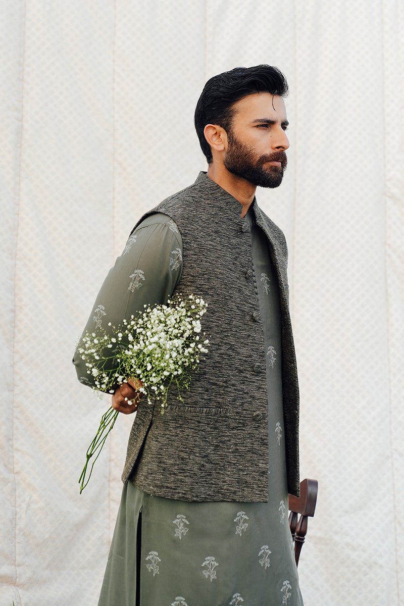 Sage Green Threadwork Pure Khaddar Waistcoat Kurta (3-Piece) - Image 2