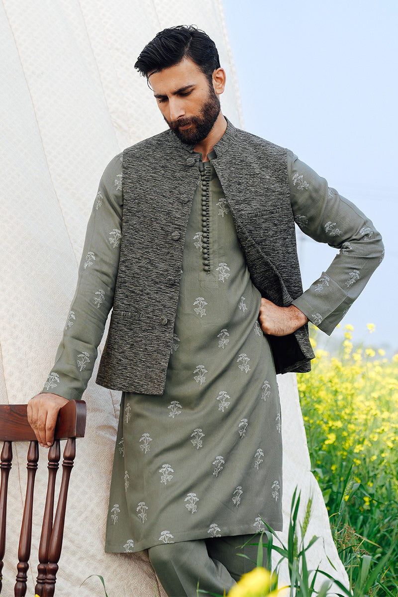 Sage Green Threadwork Pure Khaddar Waistcoat Kurta (3-Piece) - Image 3