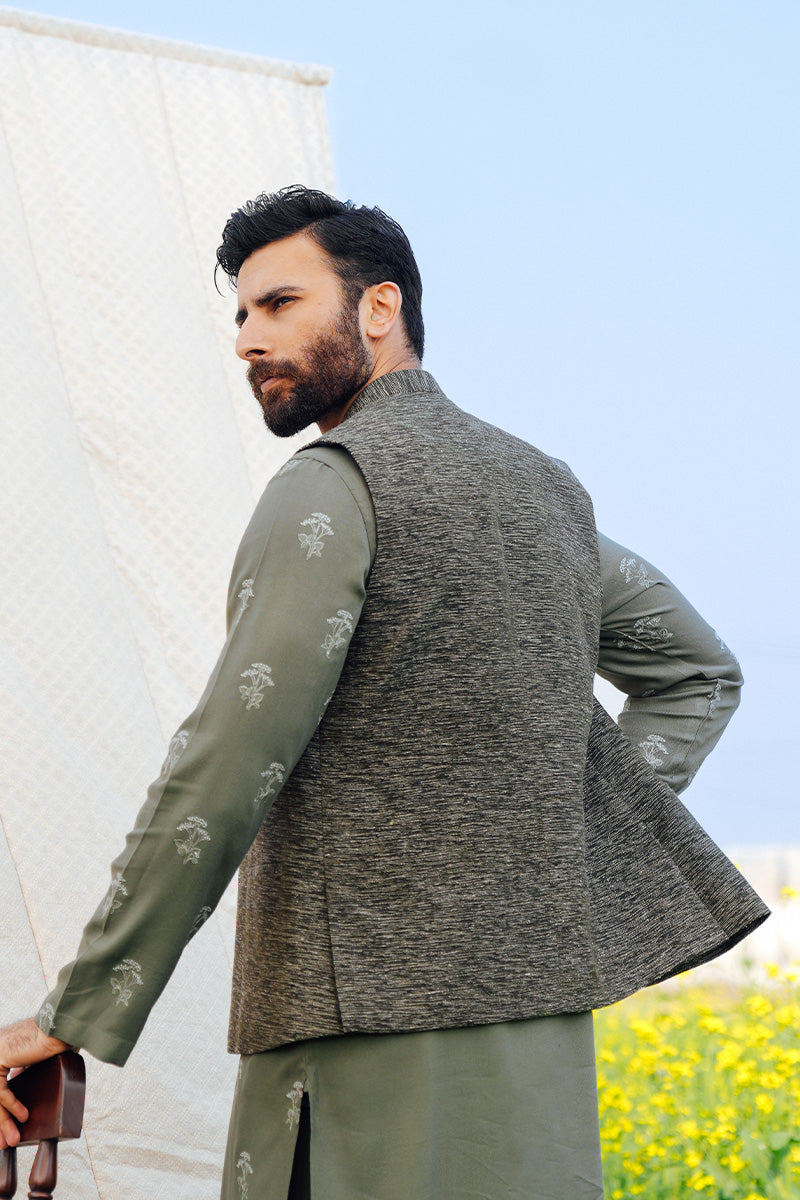 Sage Green Threadwork Pure Khaddar Waistcoat Kurta (3-Piece) - Image 4