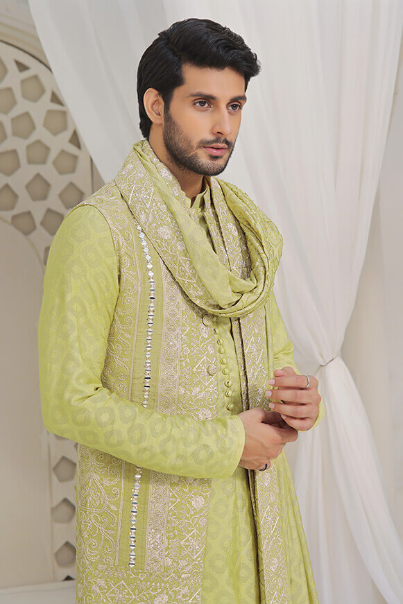 Dhani Green Embroidered Khaddi Cotton Waistcoat Kurta (3-Piece) - Image 1