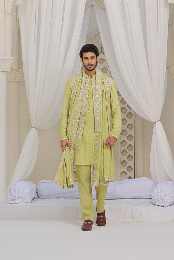 Dhani Green Embroidered Khaddi Cotton Waistcoat Kurta (3-Piece) - Image 2