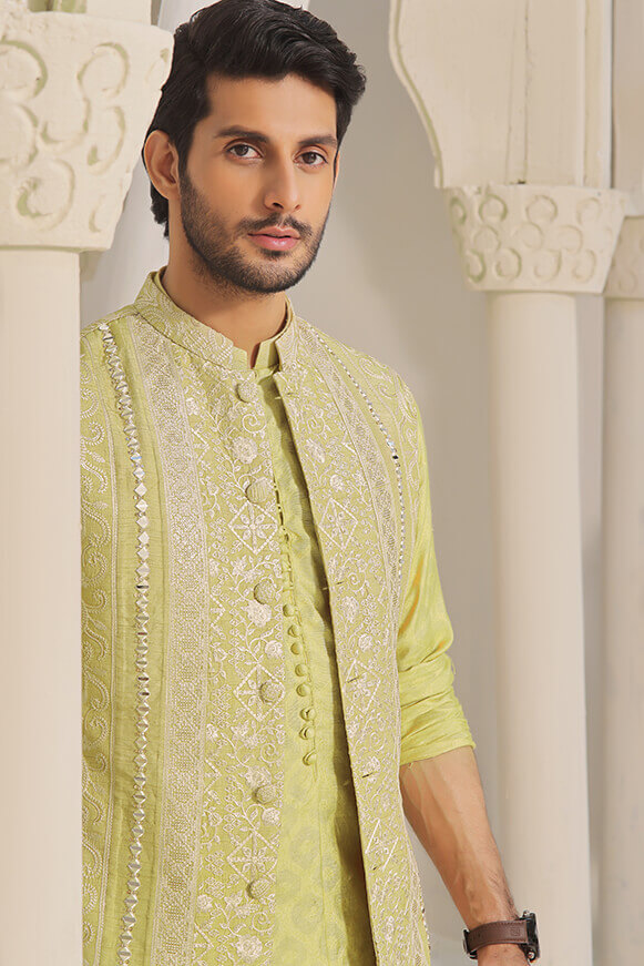 Dhani Green Embroidered Khaddi Cotton Waistcoat Kurta (3-Piece) - Image 3