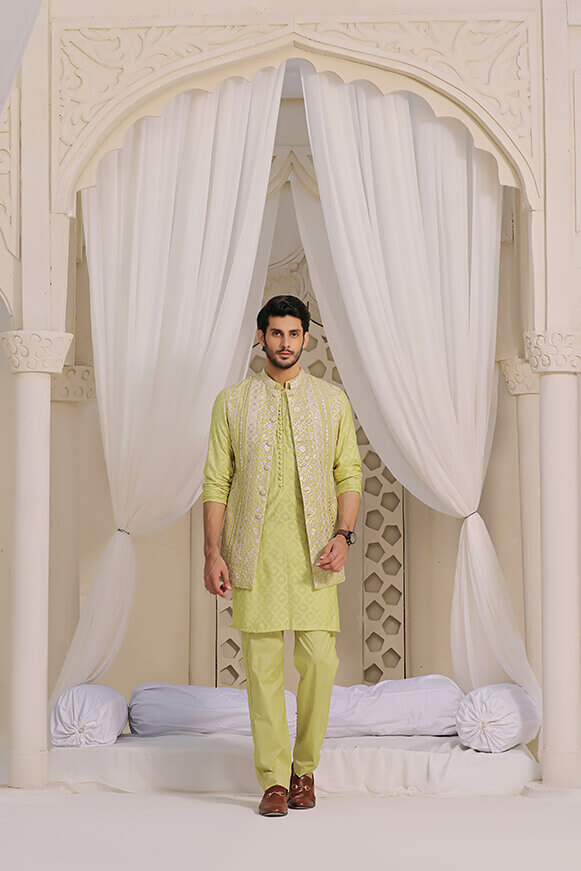 Dhani Green Embroidered Khaddi Cotton Waistcoat Kurta (3-Piece) - Image 5