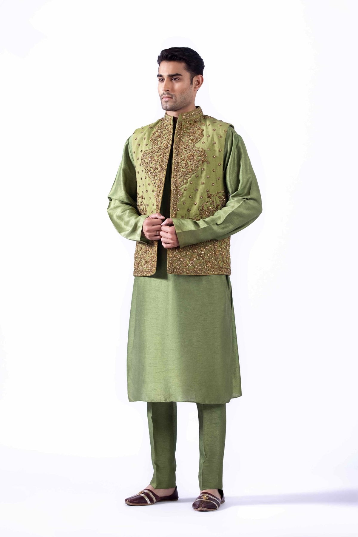 Antique Green Embroidered Silk Waistcoat Kurta (4-Piece) - Image 1