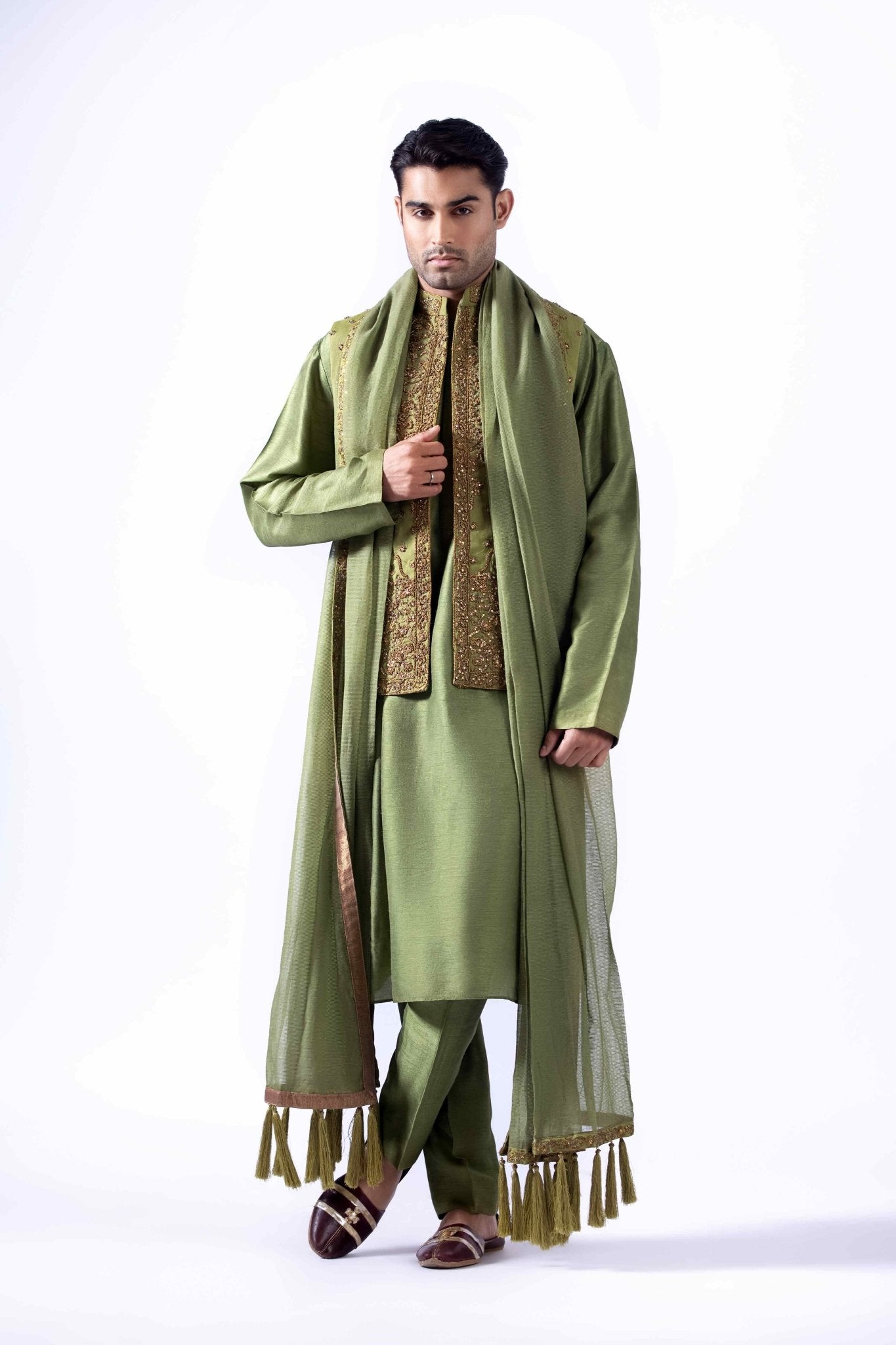 Antique Green Embroidered Silk Waistcoat Kurta (4-Piece) - Image 3