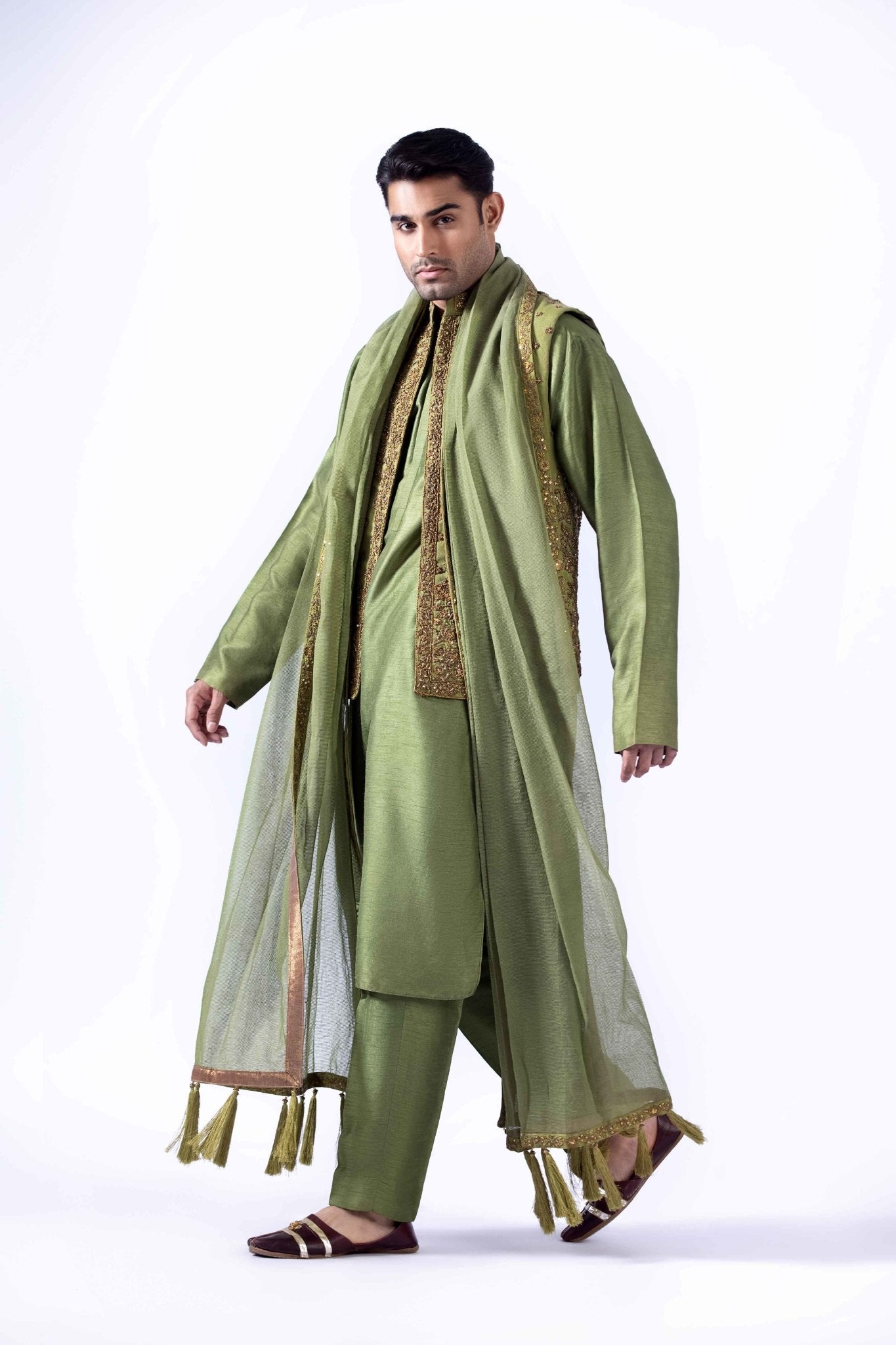 Antique Green Embroidered Silk Waistcoat Kurta (4-Piece) - Image 4