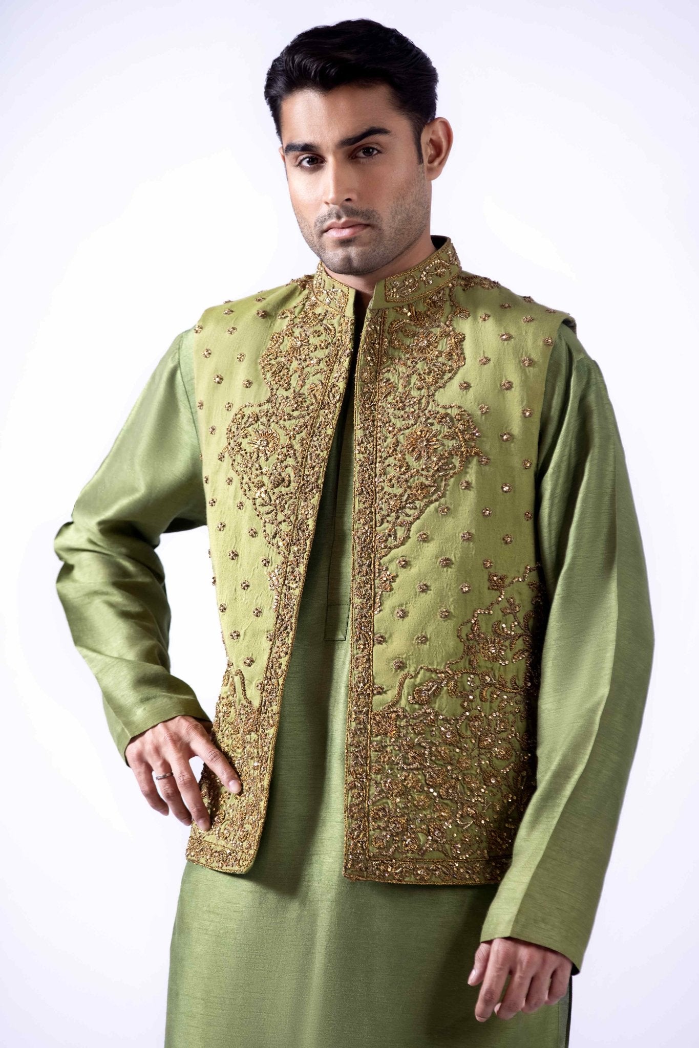 Antique Green Embroidered Silk Waistcoat Kurta (4-Piece) - Image 5