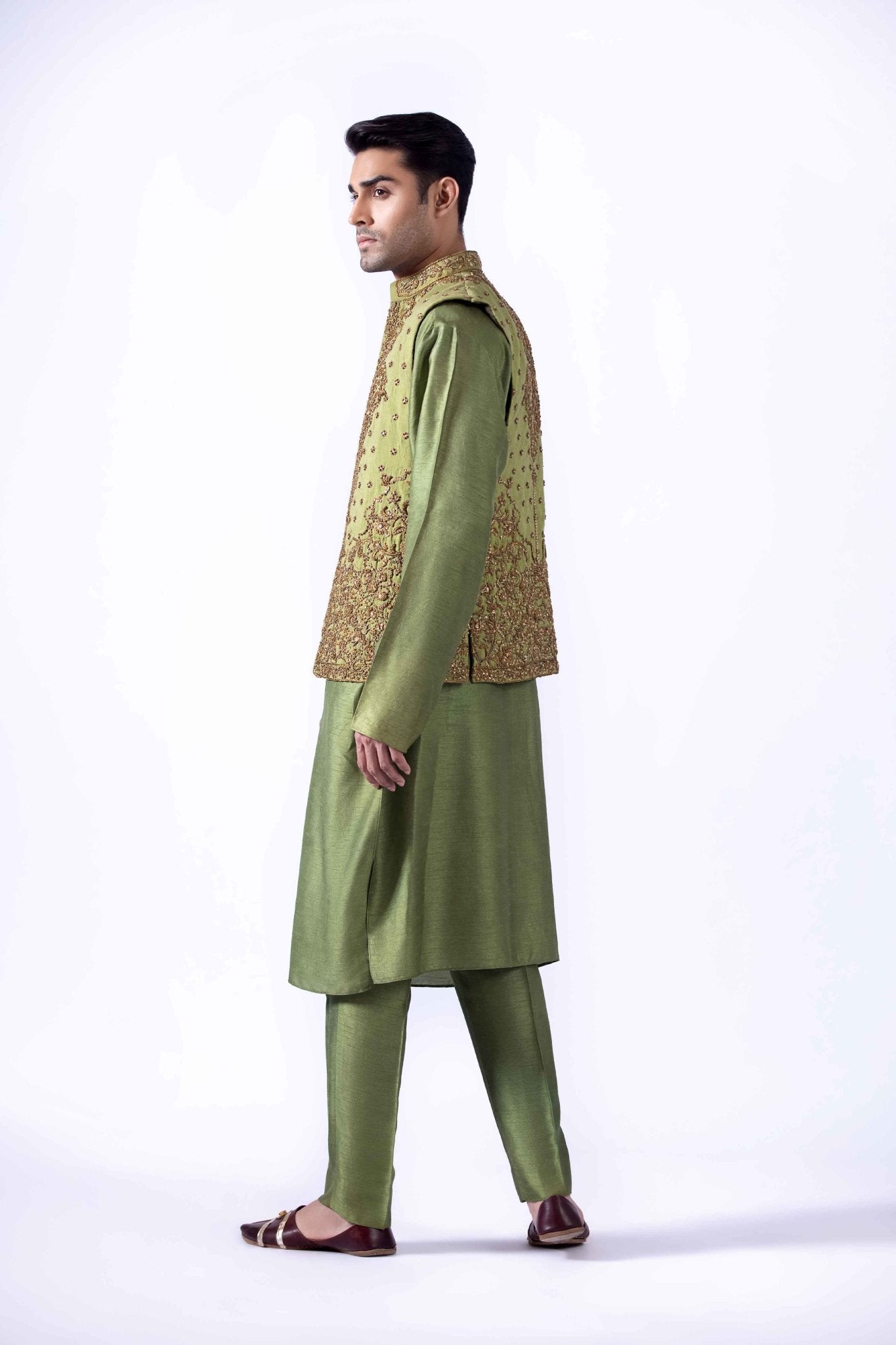 Antique Green Embroidered Silk Waistcoat Kurta (4-Piece) - Image 6