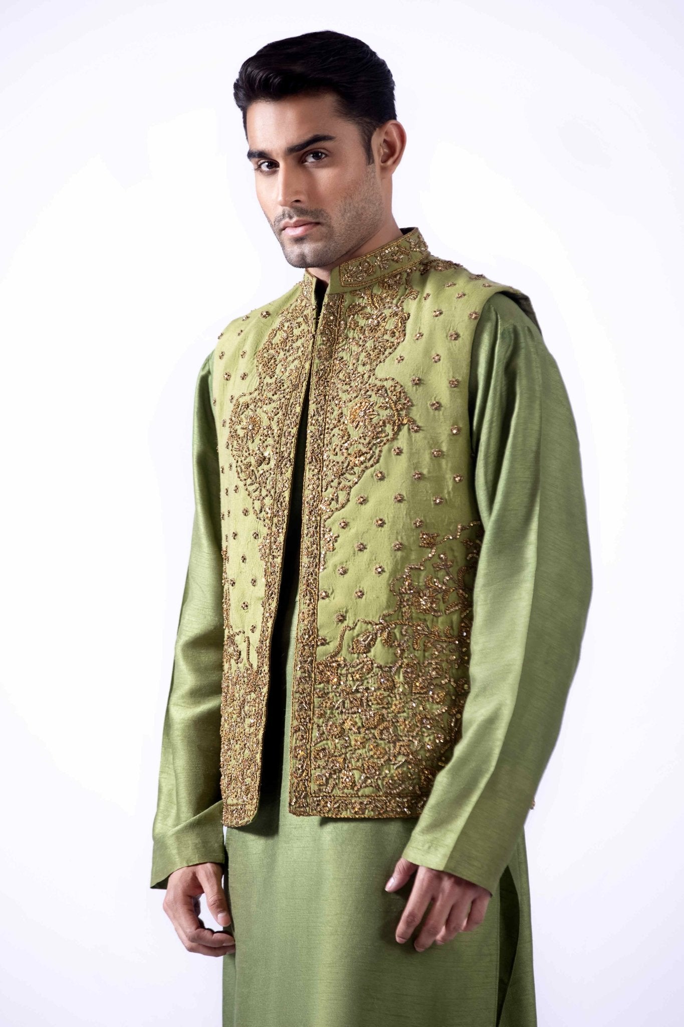 Antique Green Embroidered Silk Waistcoat Kurta (4-Piece) - Image 7