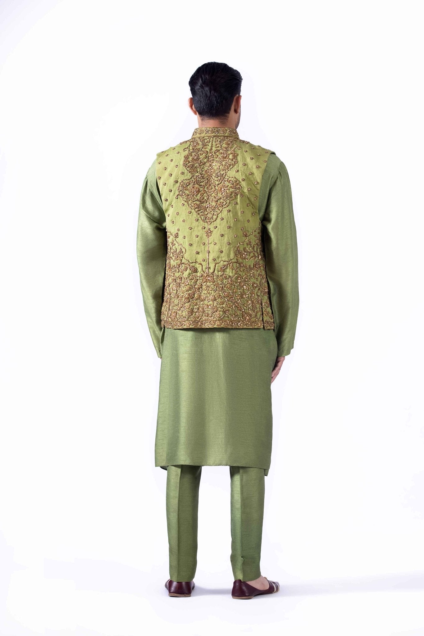 Antique Green Embroidered Silk Waistcoat Kurta (4-Piece) - Image 8
