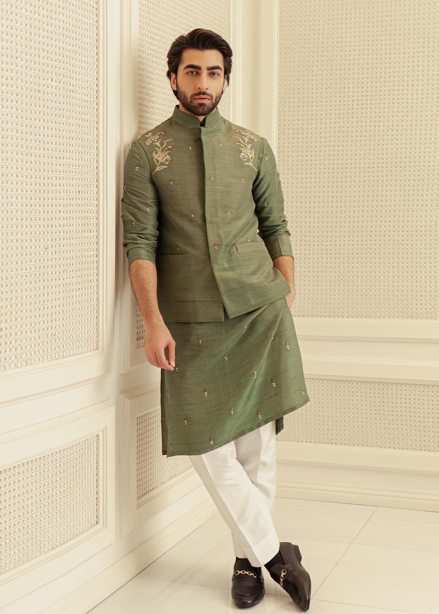 Green Badla Embroidered Korean Raw Silk Waistcoat Kurta (3-Piece) - Image 1