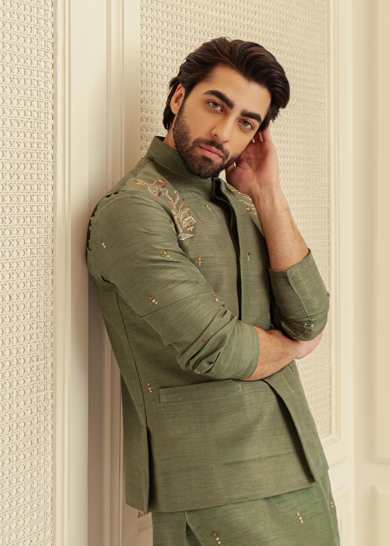 Green Badla Embroidered Korean Raw Silk Waistcoat Kurta (3-Piece) - Image 2