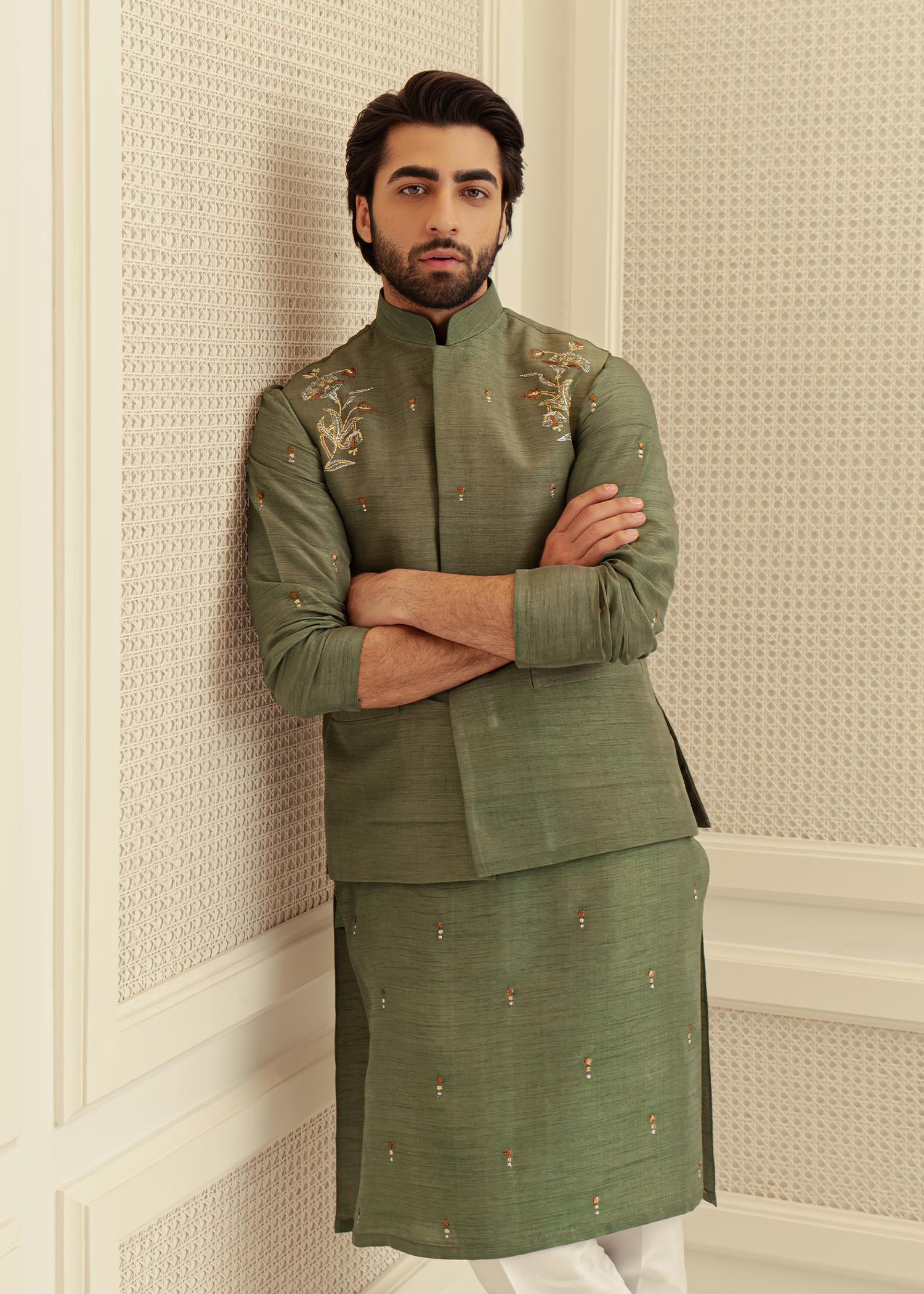 Green Badla Embroidered Korean Raw Silk Waistcoat Kurta (3-Piece) - Image 3