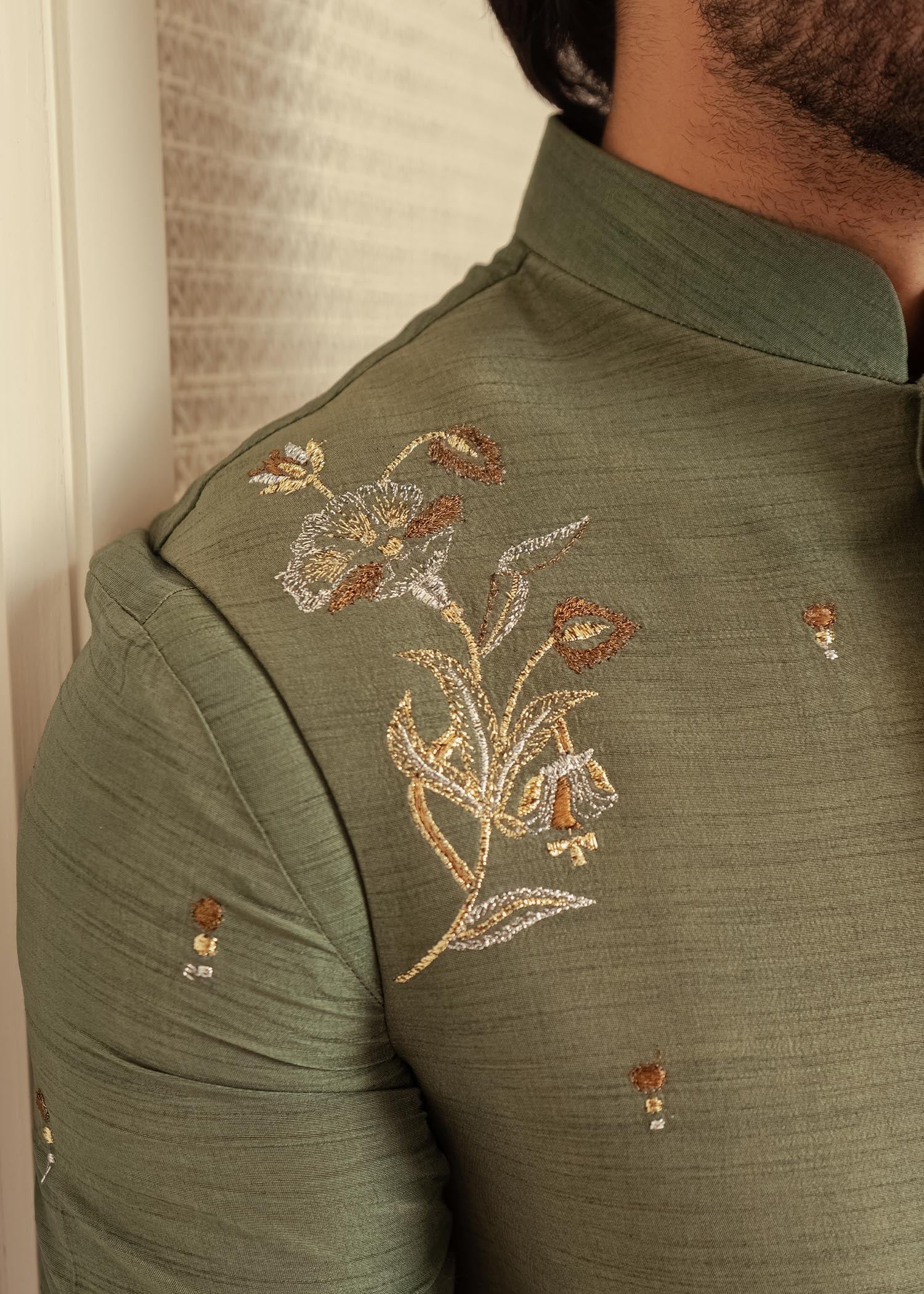 Green Badla Embroidered Korean Raw Silk Waistcoat Kurta (3-Piece) - Image 4