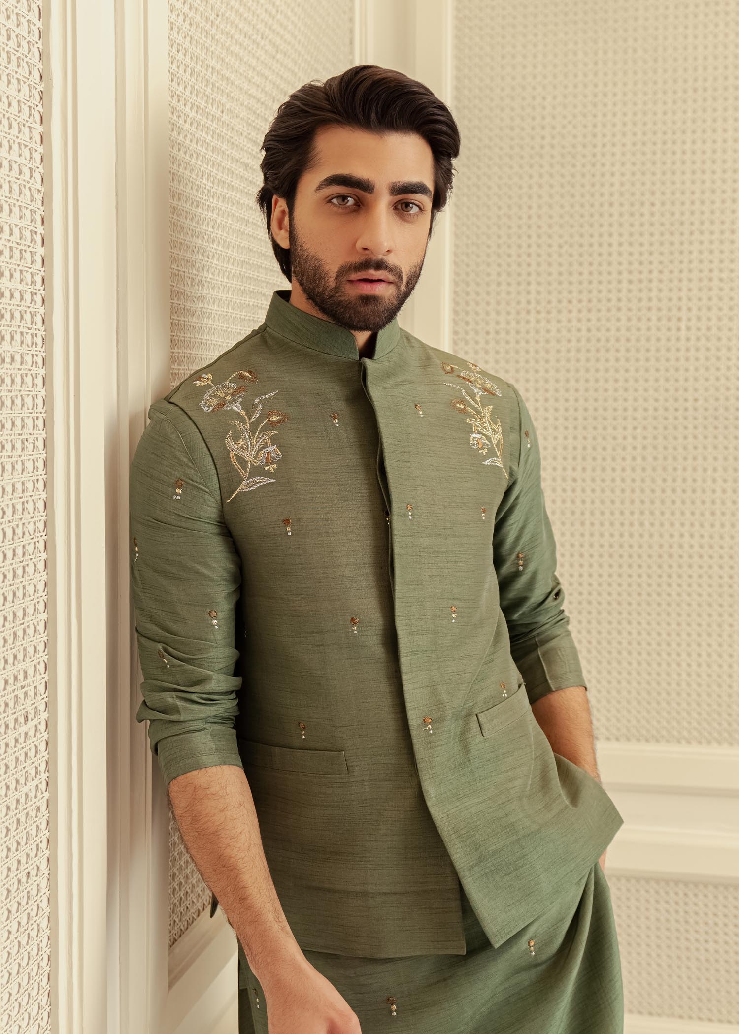 Green Badla Embroidered Korean Raw Silk Waistcoat Kurta (3-Piece) - Image 5