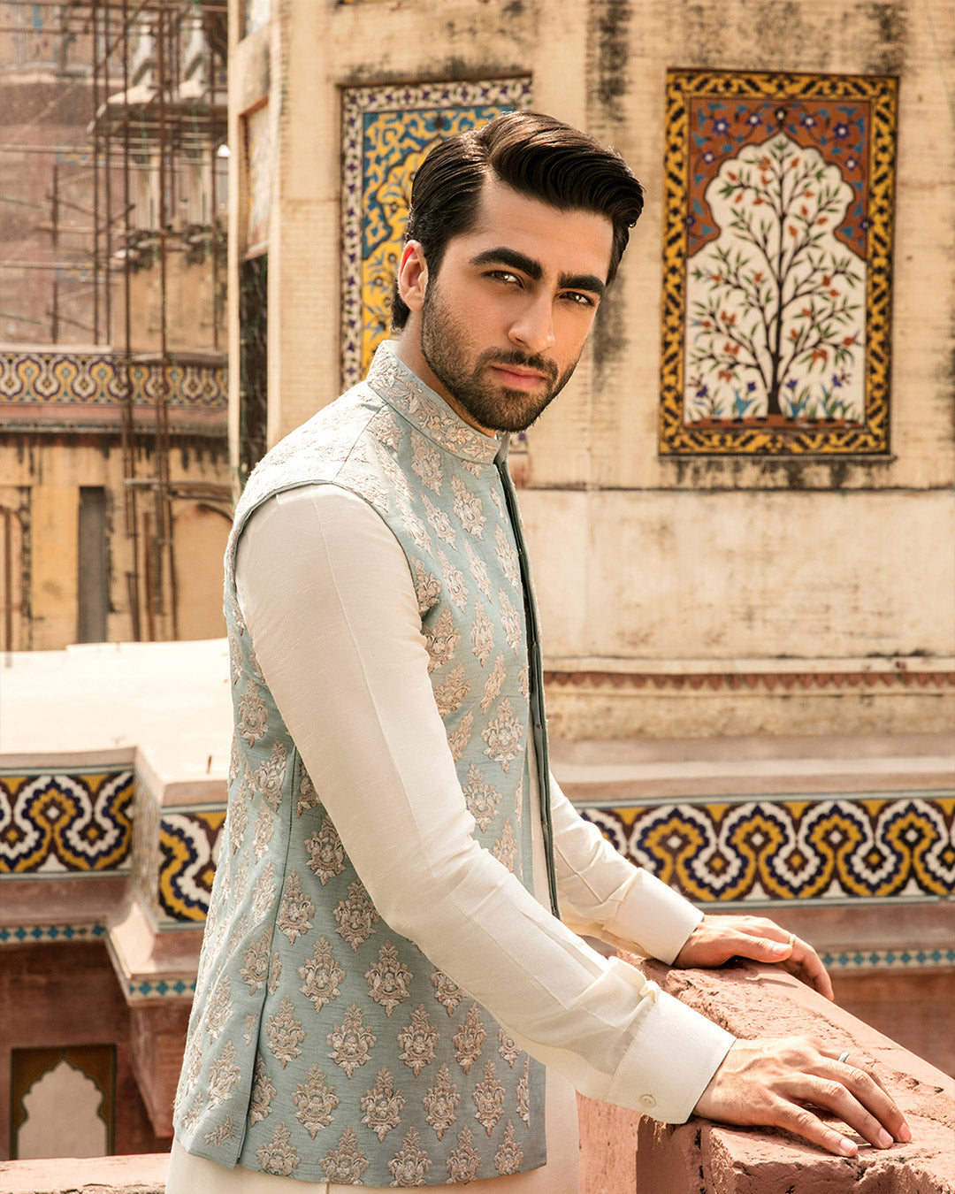 Mint Embroidered Korean Raw Silk Waistcoat Kurta (3-Piece) - Image 2