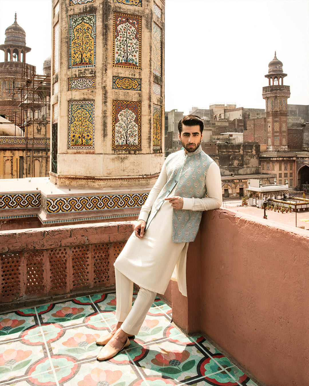 Mint Embroidered Korean Raw Silk Waistcoat Kurta (3-Piece) - Image 3