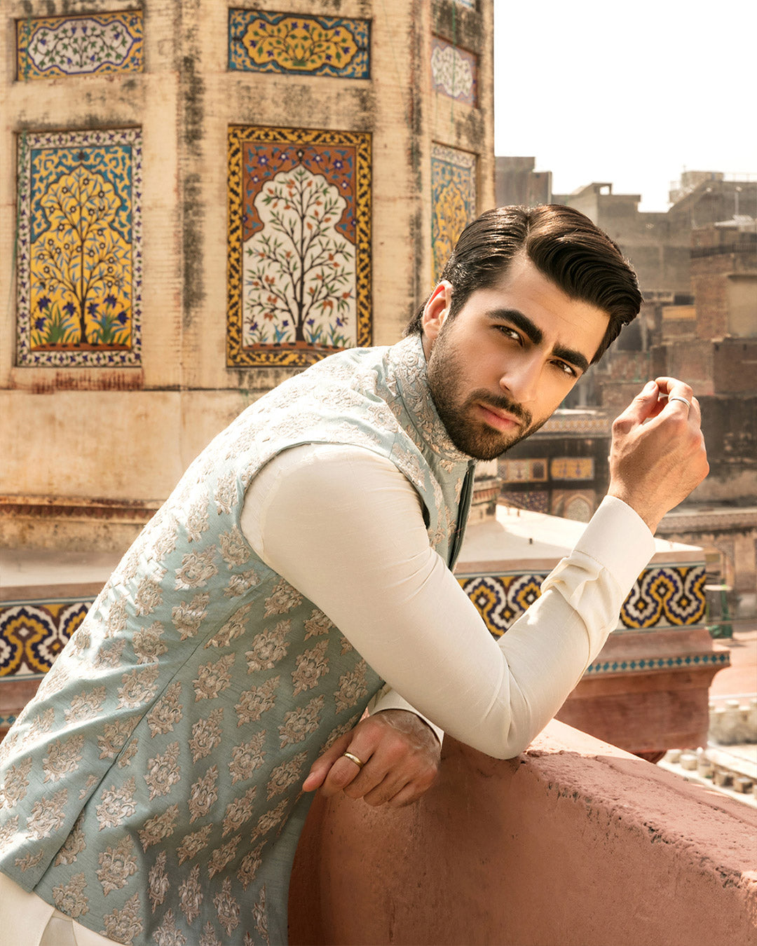 Mint Embroidered Korean Raw Silk Waistcoat Kurta (3-Piece) - Image 4