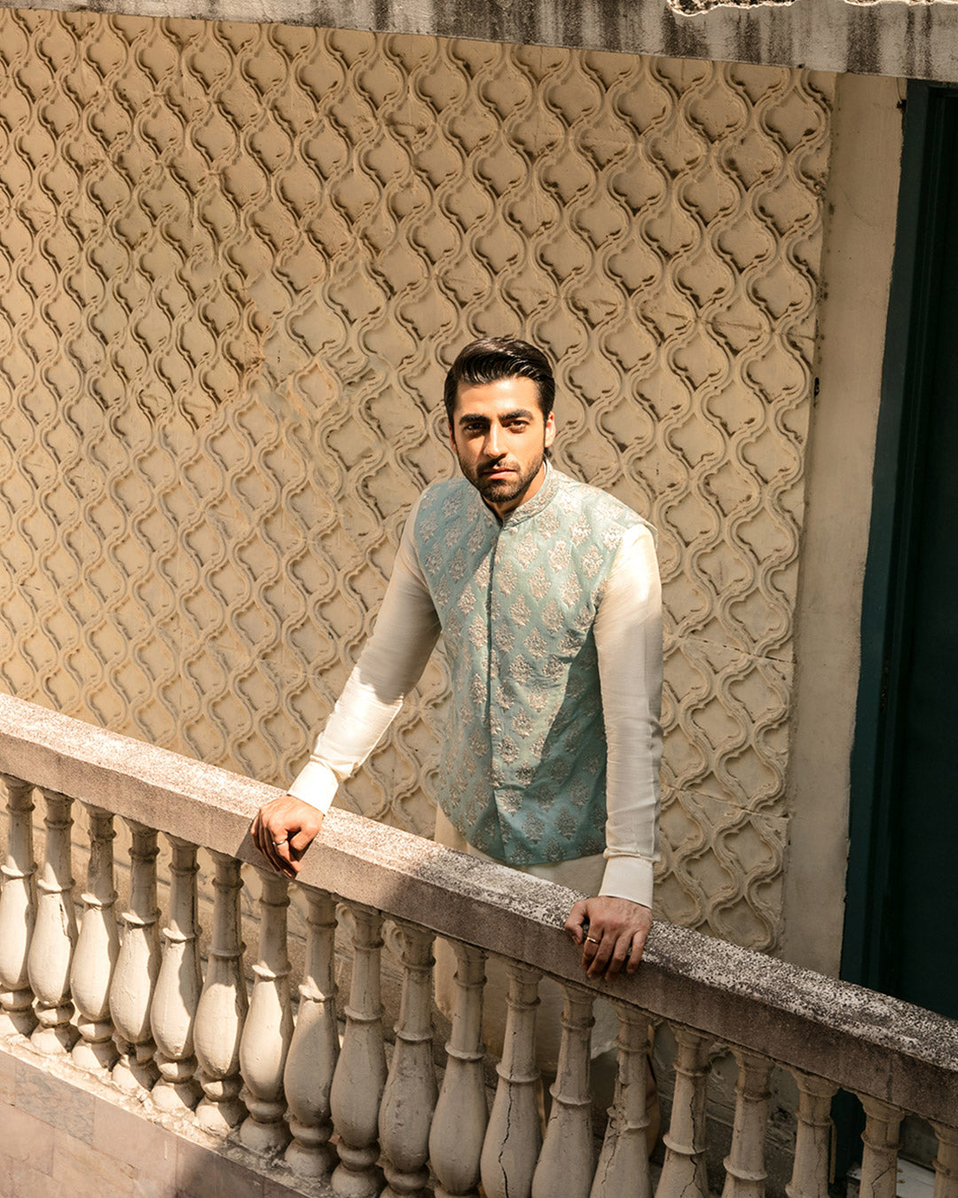 Mint Embroidered Korean Raw Silk Waistcoat Kurta (3-Piece) - Image 5