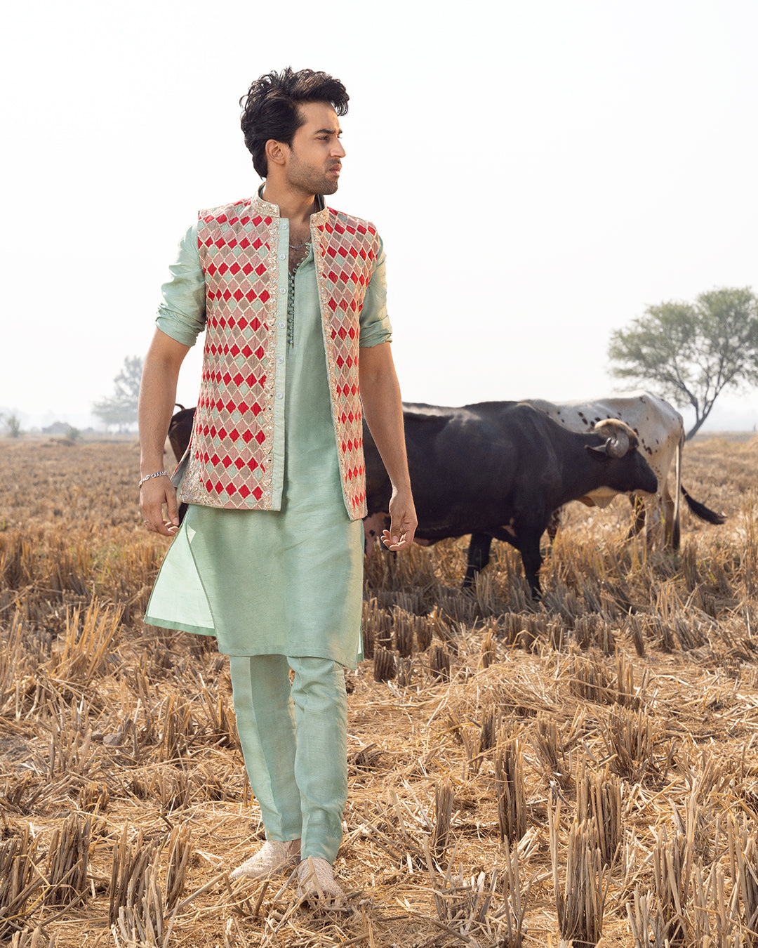 Apple Green Embroidered Korean Raw Silk Kurta Set (3-Piece) - Image 1