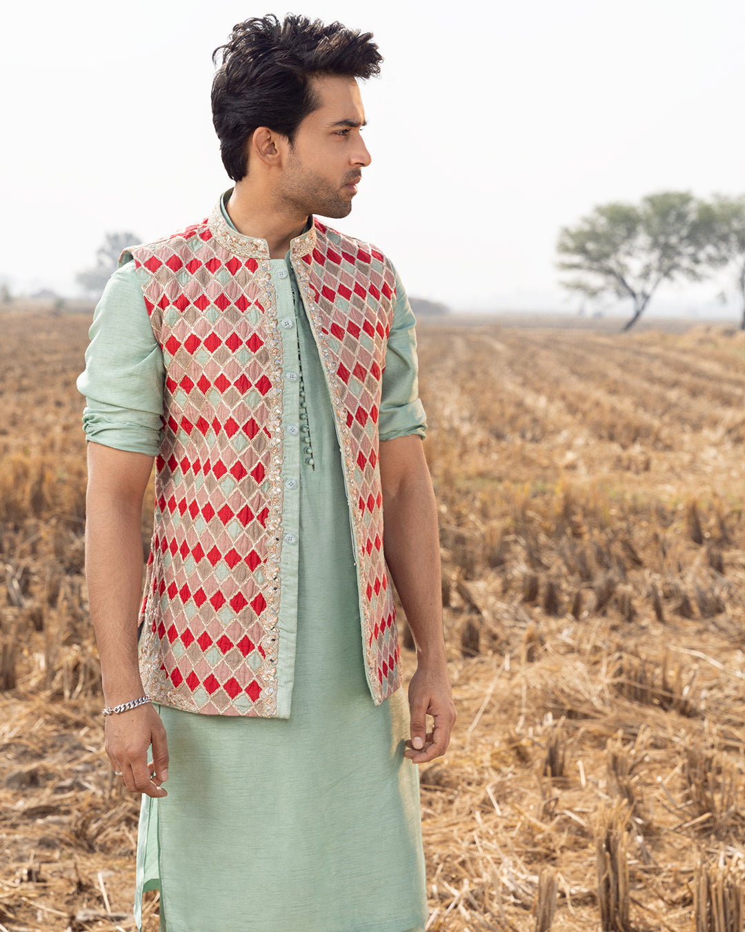 Apple Green Embroidered Korean Raw Silk Kurta Set (3-Piece) - Image 2