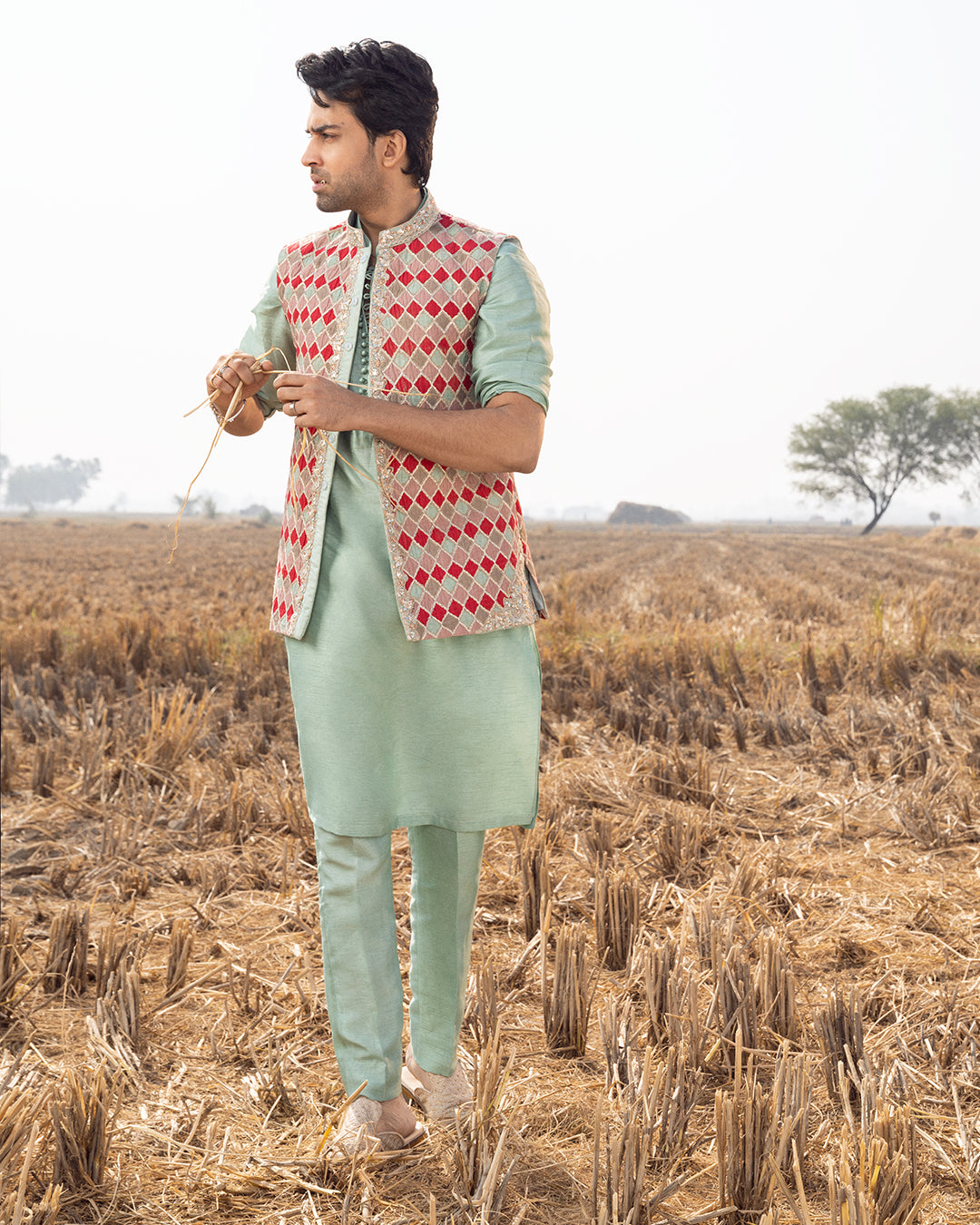 Apple Green Embroidered Korean Raw Silk Kurta Set (3-Piece) - Image 3