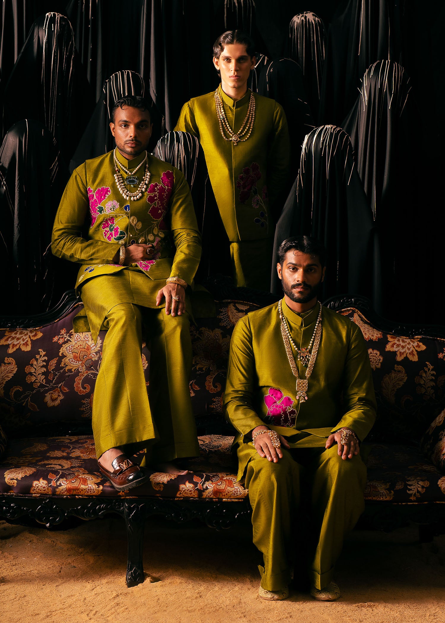 Olive Green Floral Patchwork Korean Silk Waistcoat Kurta (3-Piece) - Image 1